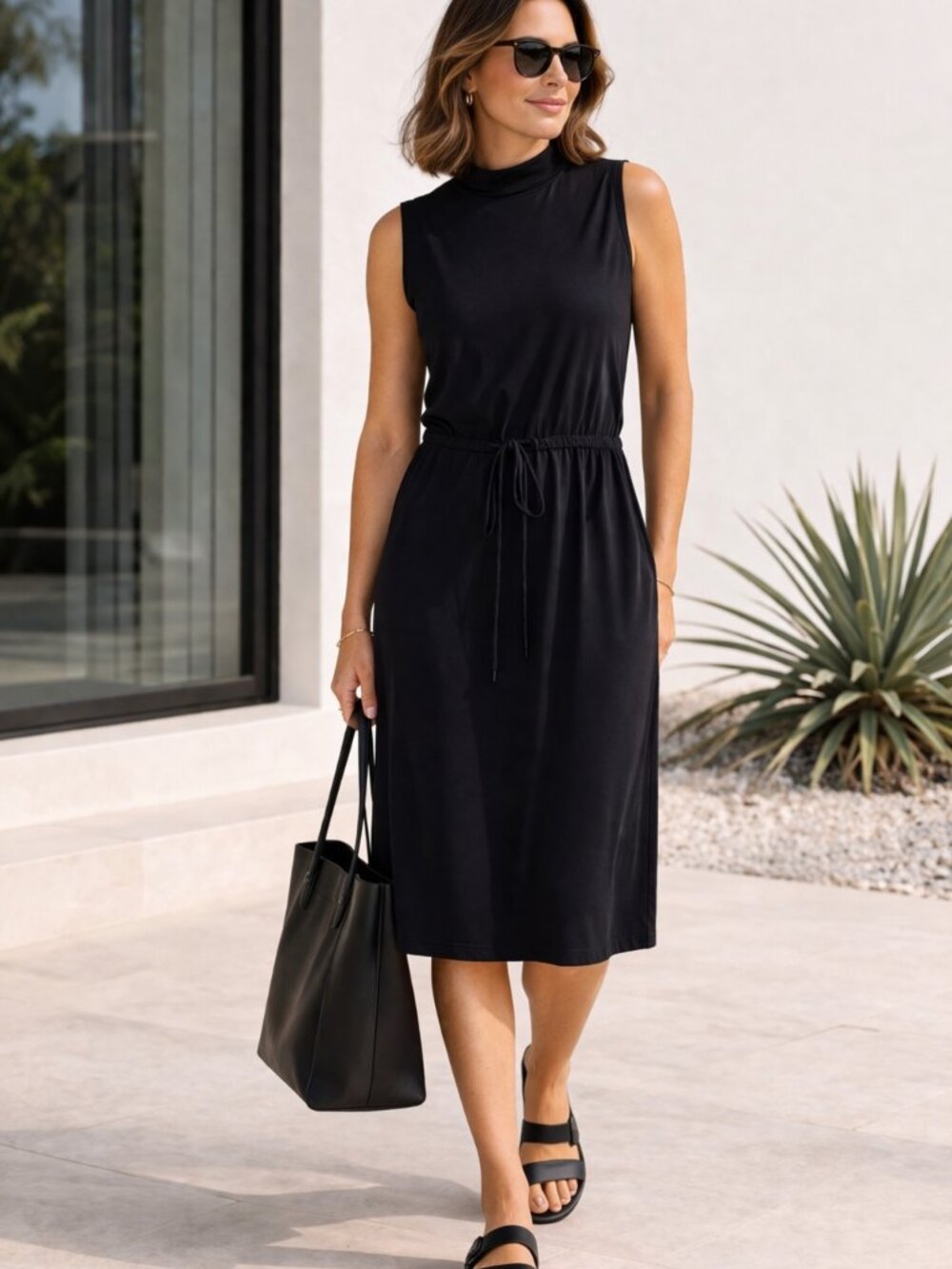 Eileen Fisher Black Tencel Jersey Mock Neck Dress Belted